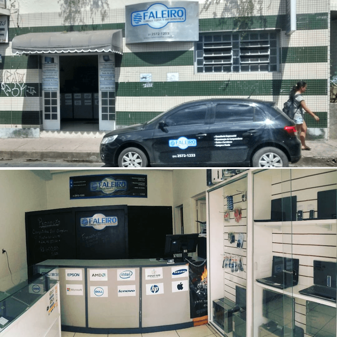 Primeira fachada da Faleiro Informática e veículo da empresa